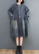 Vestido vaquero de algodón con bolsillos y botones de patchwork, cuello redondo y manga larga, estilo retro azul